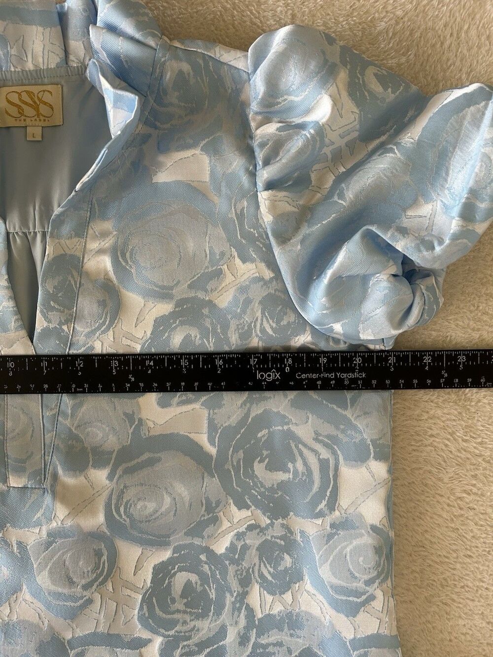 SSYS the label Palmer Puff Sleeve Drop Waist Brocade Dress In Blue Floral Large - Picture 9 of 10